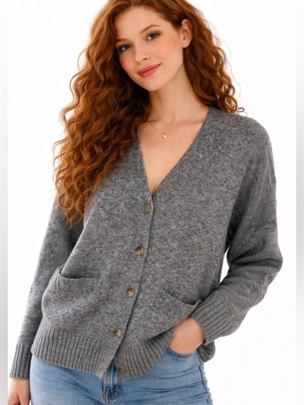 Ella Moss Heather Gray V-Neck Button Cardigan